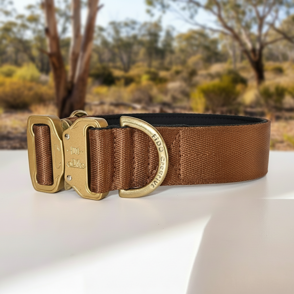 Brown dog collar with gold buckle on a white surface with a natural landscape background