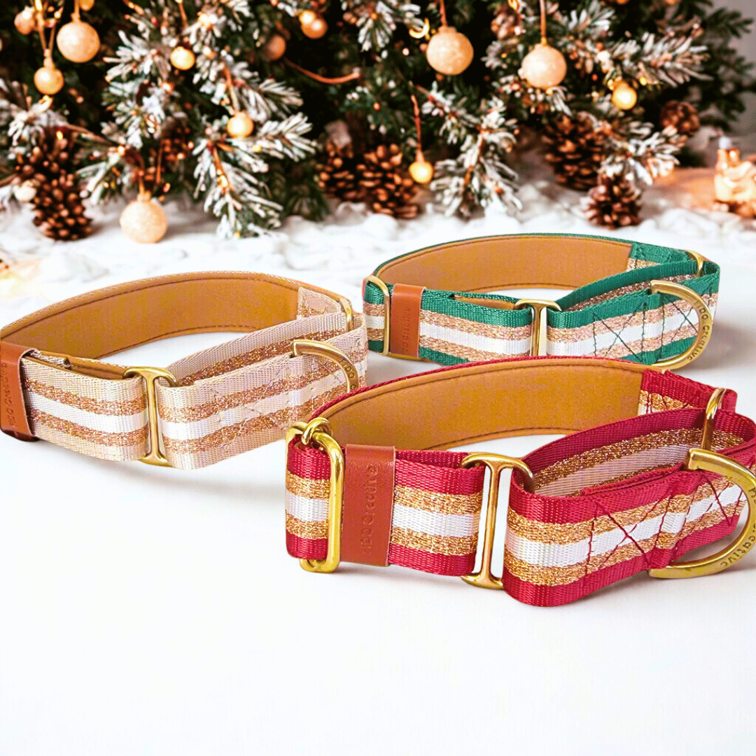 Beige Festive Glitter Dog Collar – Personalised Christmas buckle or martingale collar (1.5" Wide)