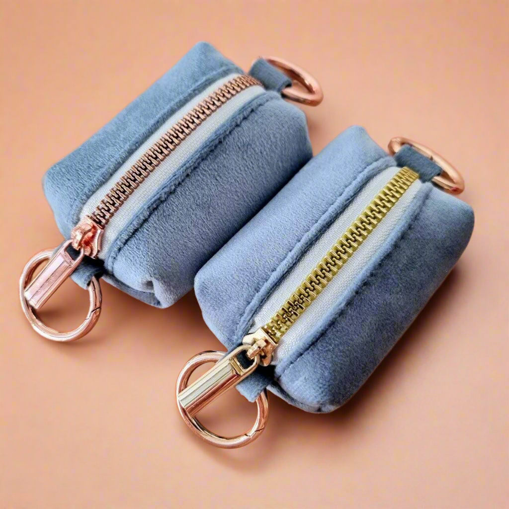 Luxe velvet blue dog poop bag holder - Rose Gold