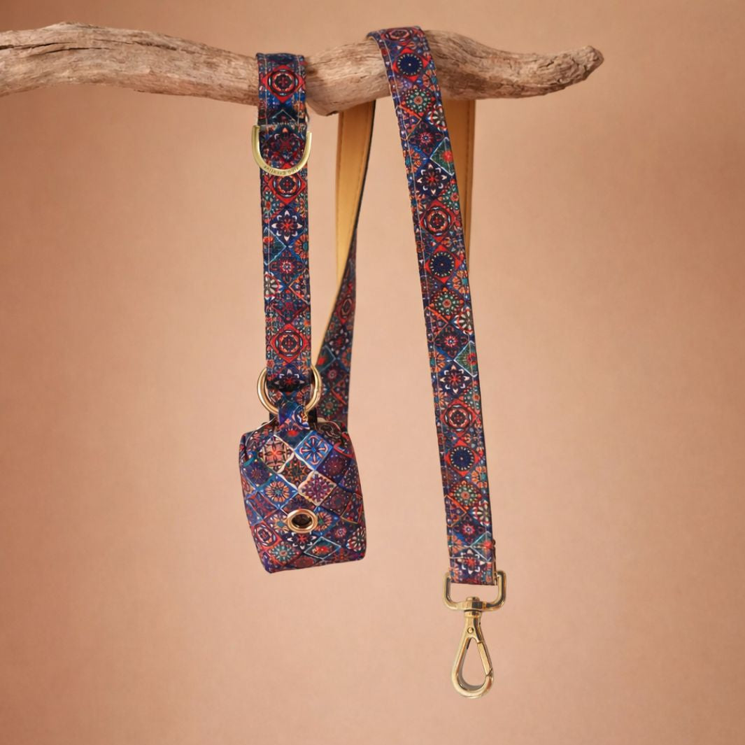 Decorative dog leash and collar set with tile pattern and matching poop bag holder