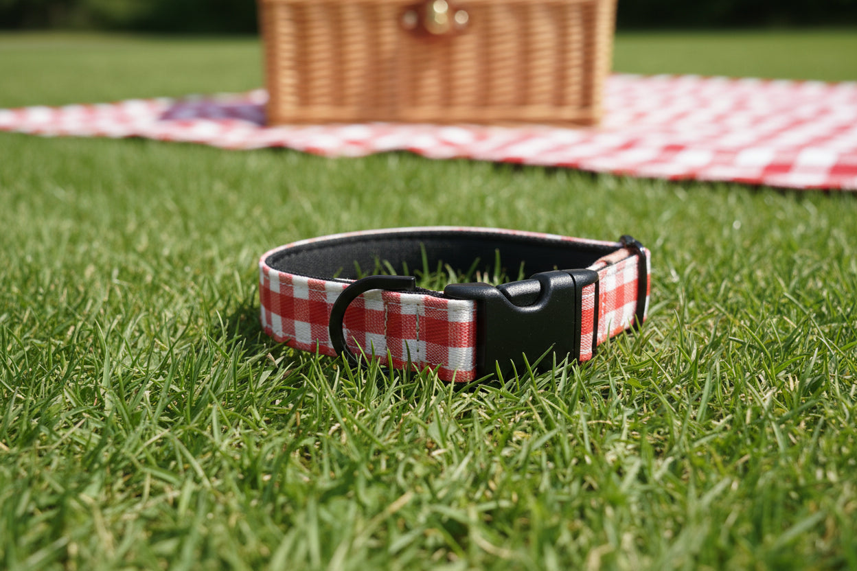 Red Gingham Dog Collar – Choose your buckle style