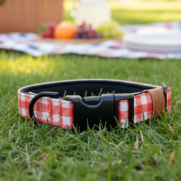 Red Gingham Dog Collar – Choose your buckle style