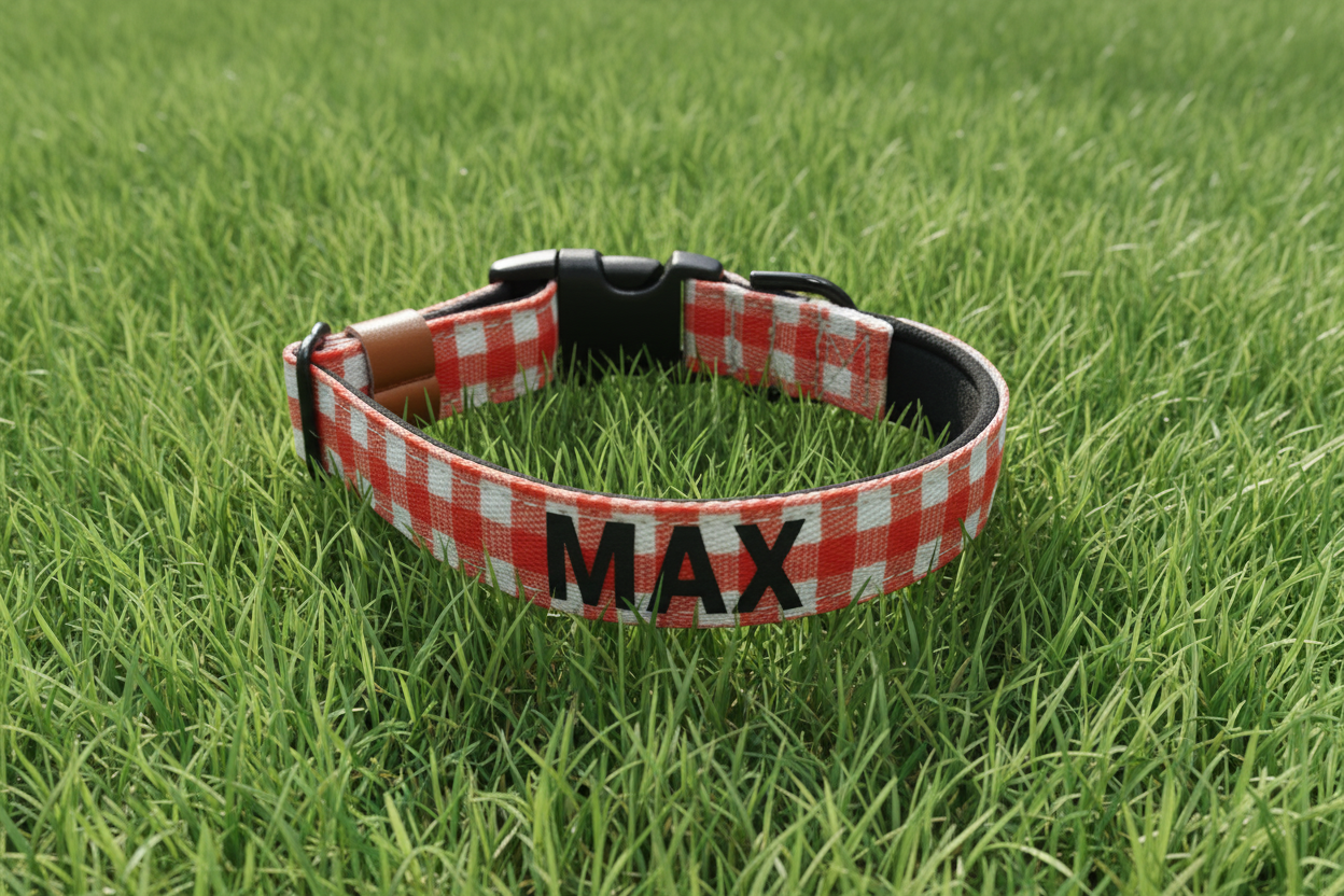 red gingham name dog collar