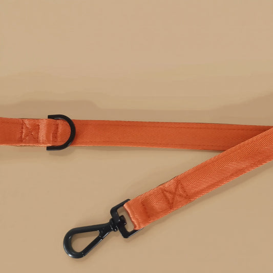 Orange leash with a black metal attachment, personalised with dogs name on it