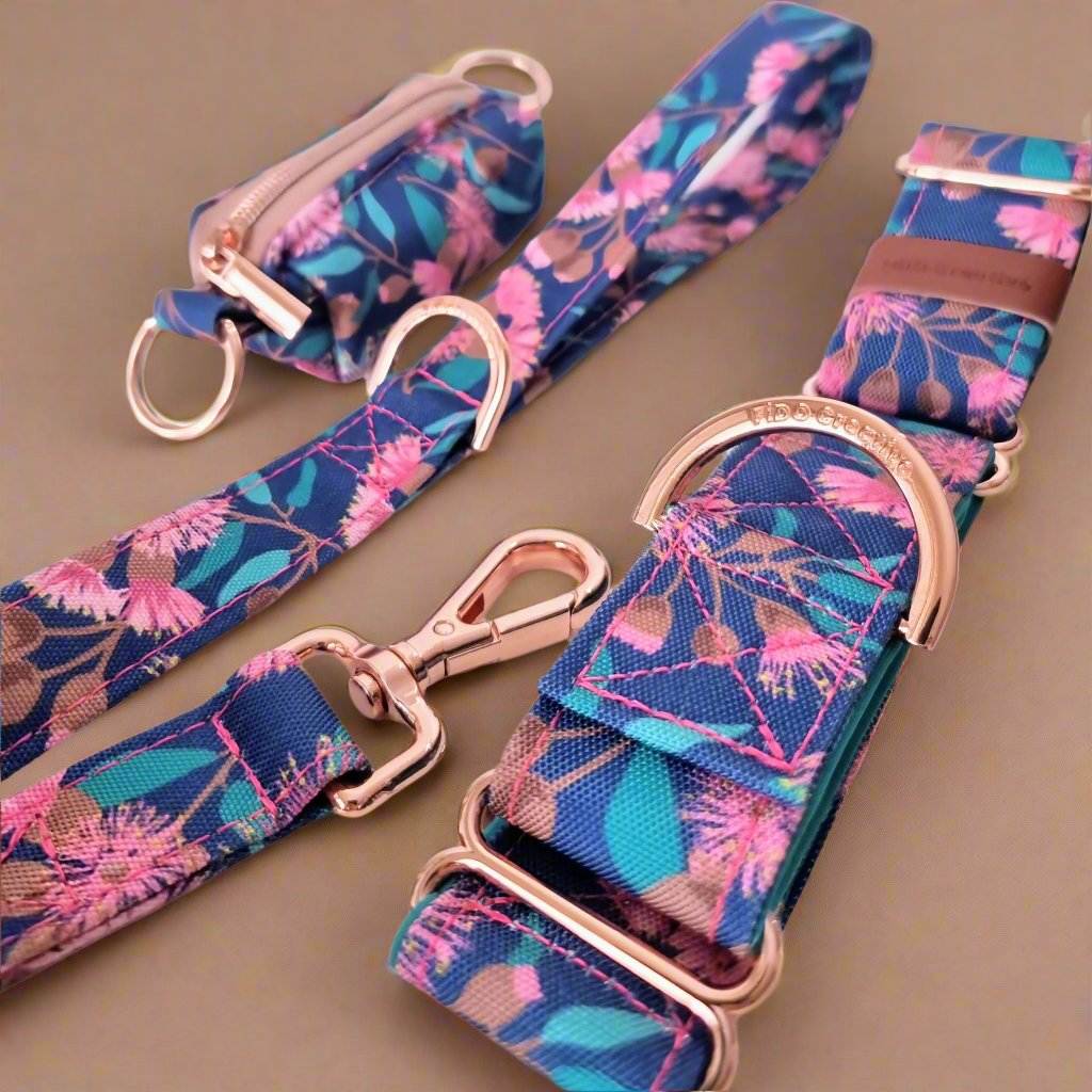 a pink and blue floral dog collar and leash set