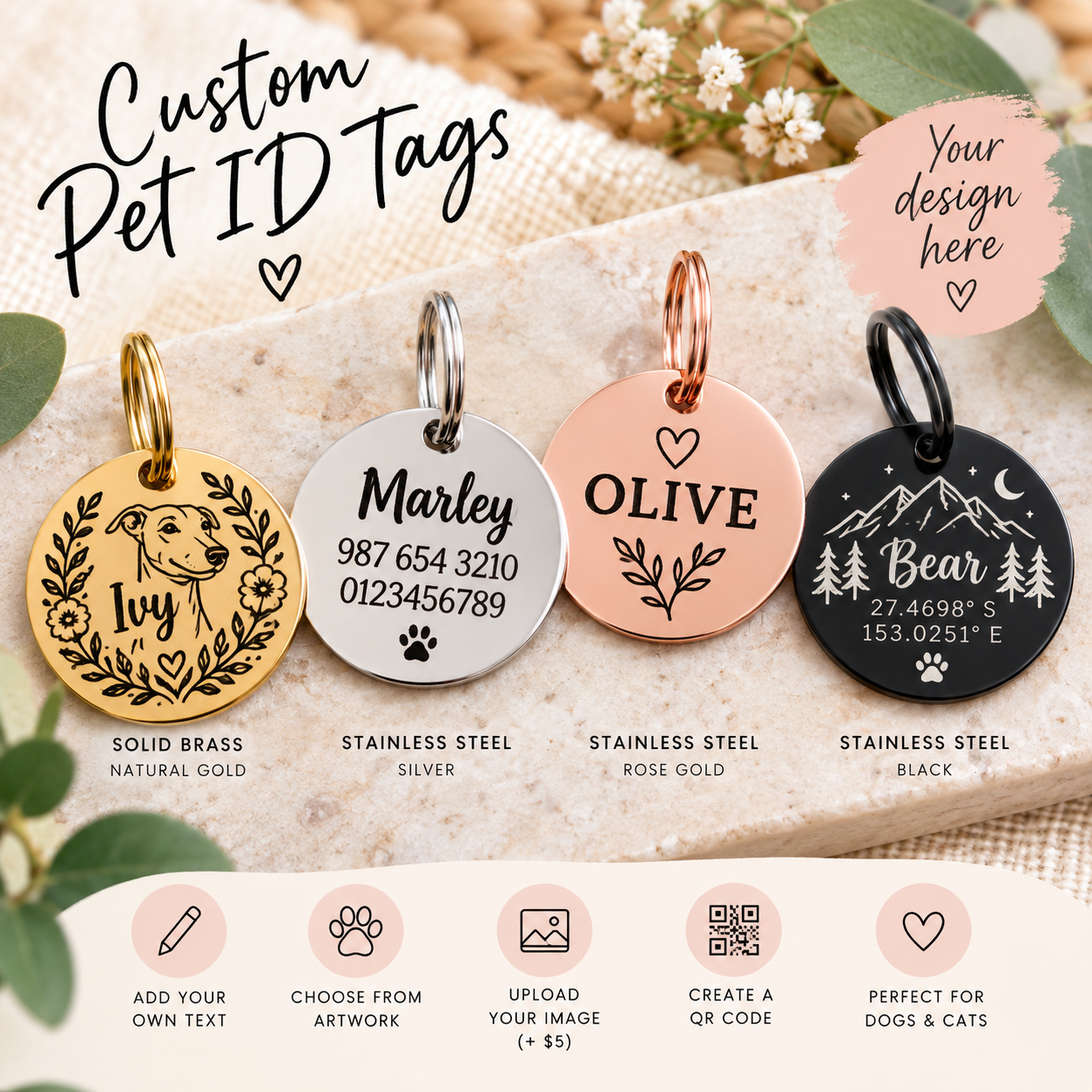 Personalised Pet ID Tag – Custom Laser Engraved Dog Name Tag | Brass, Silver, Rose Gold & Black