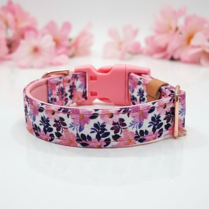 Floral-patterned dog collar with pink buckle on a white background with pink flowers.