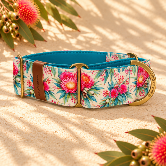 Martingale dog collar with padding and flower pattern