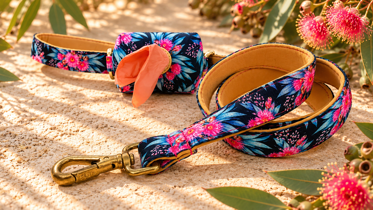 Navy Blue and Pink Native Gum Flower Dog Poop Bag Holder 🌸