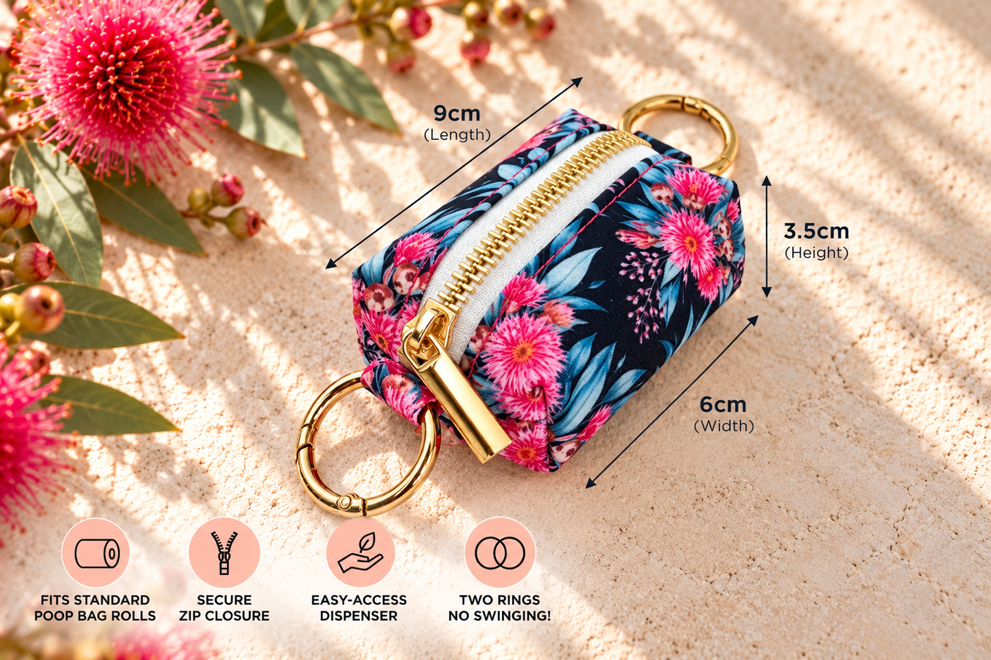 Navy Blue and Pink Native Gum Flower Dog Poop Bag Holder 🌸