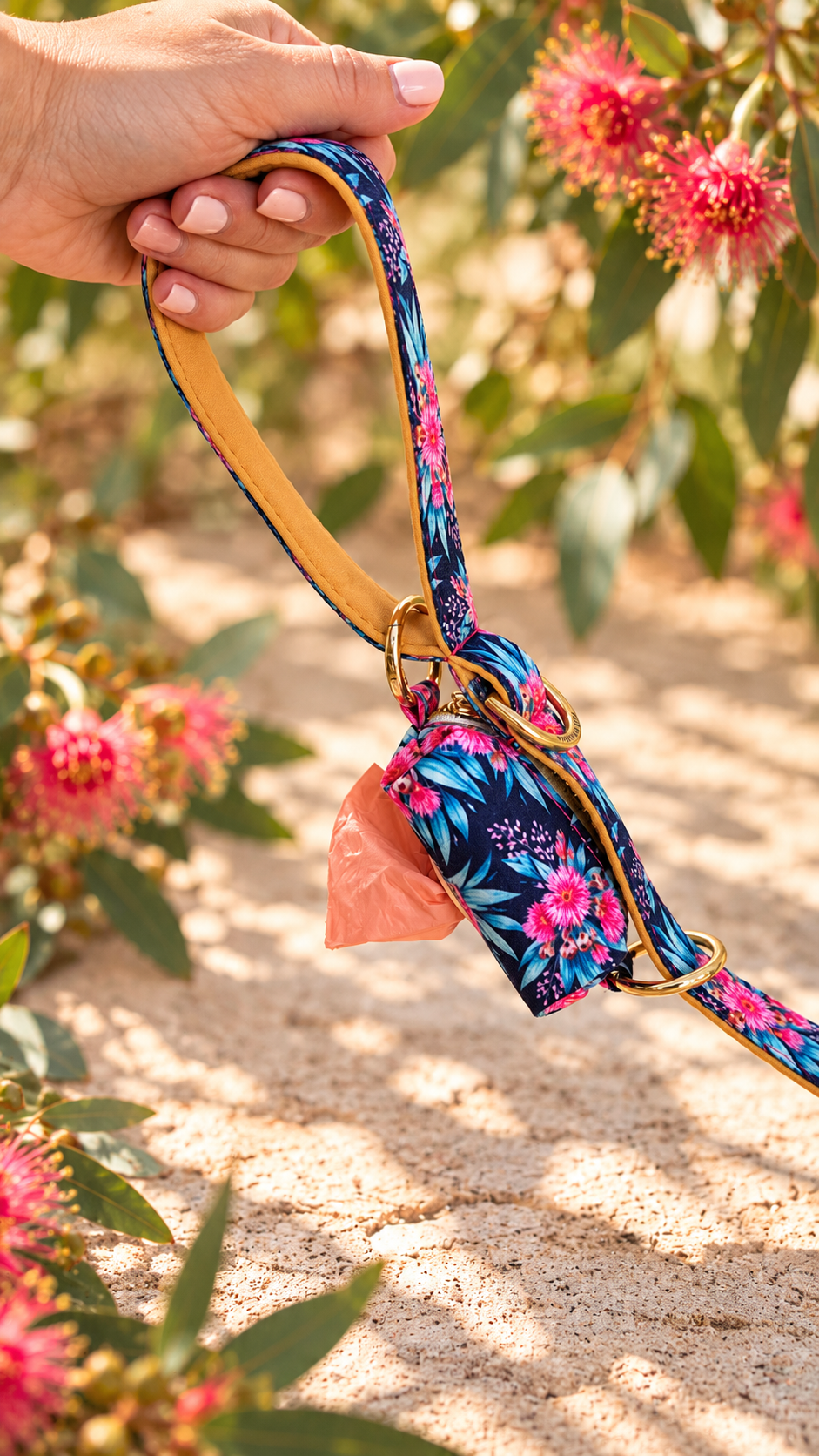 Navy Blue and Pink Native Gum Flower Dog Poop Bag Holder 🌸