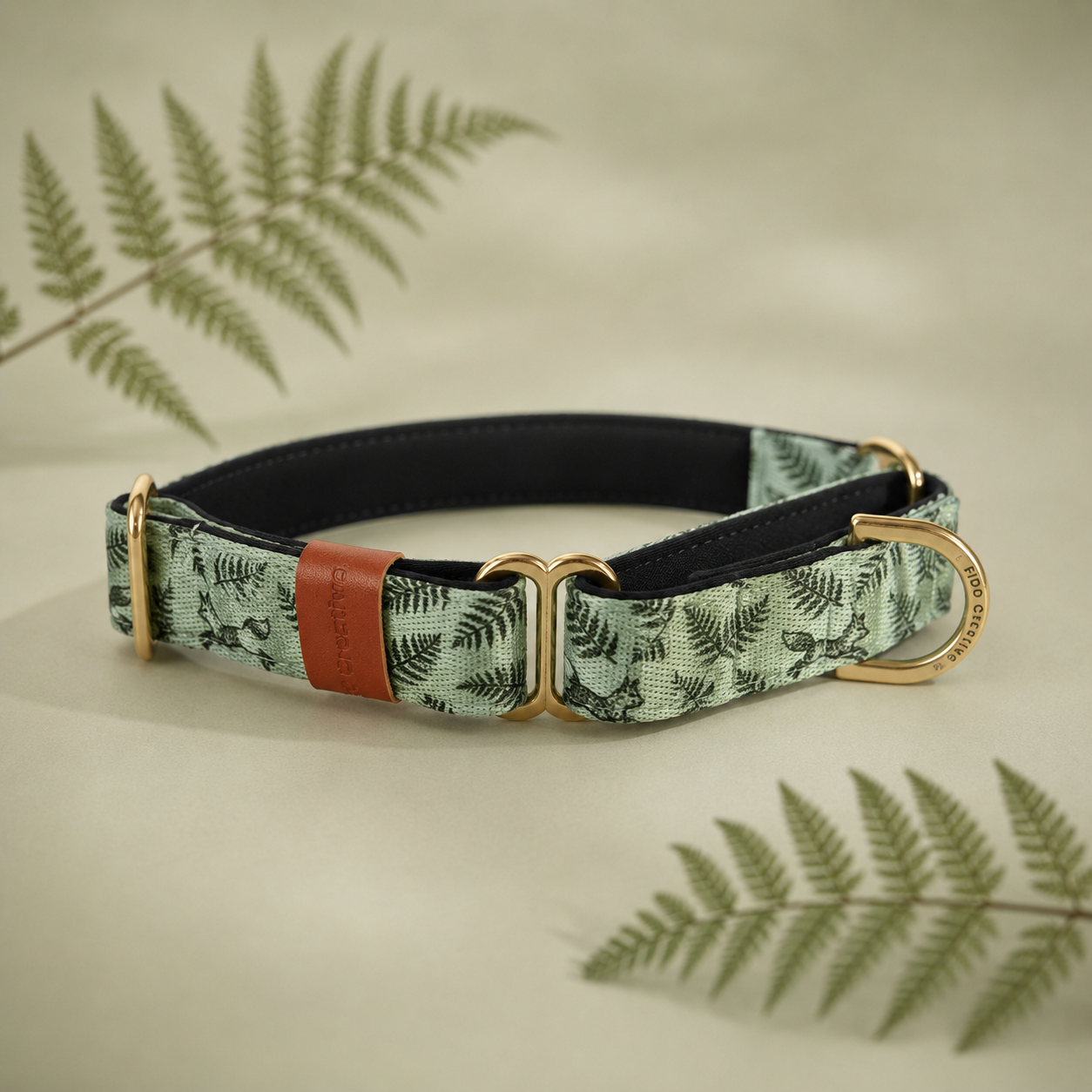 Personalised Fox & Fern Martingale Collar – Green Woodland Dog Collar