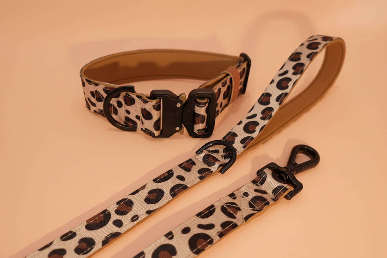 Leopard print dog collar leash set with black metal clasp on a white background