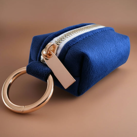 Blue velvet dog poop bag pouch with gold zipper