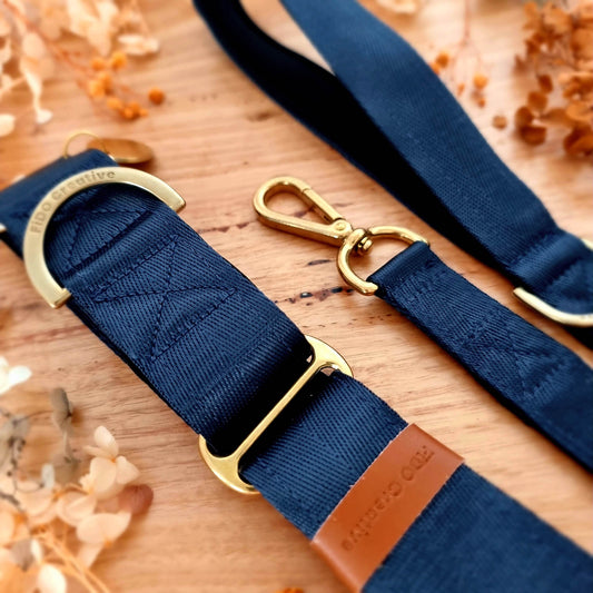 Navy blue neoprene padded martingale collar - Solid Brass
