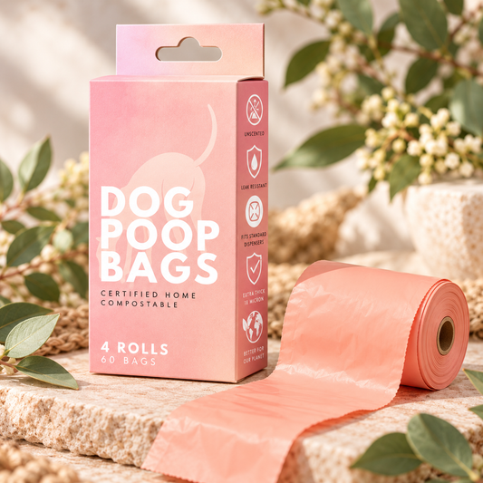 dog waste bag roll next to a 4 pack with certified composable icons