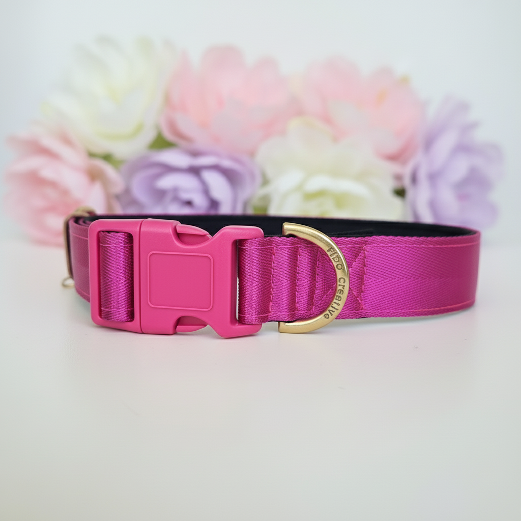 Pink dog collar with a solid brass hardware