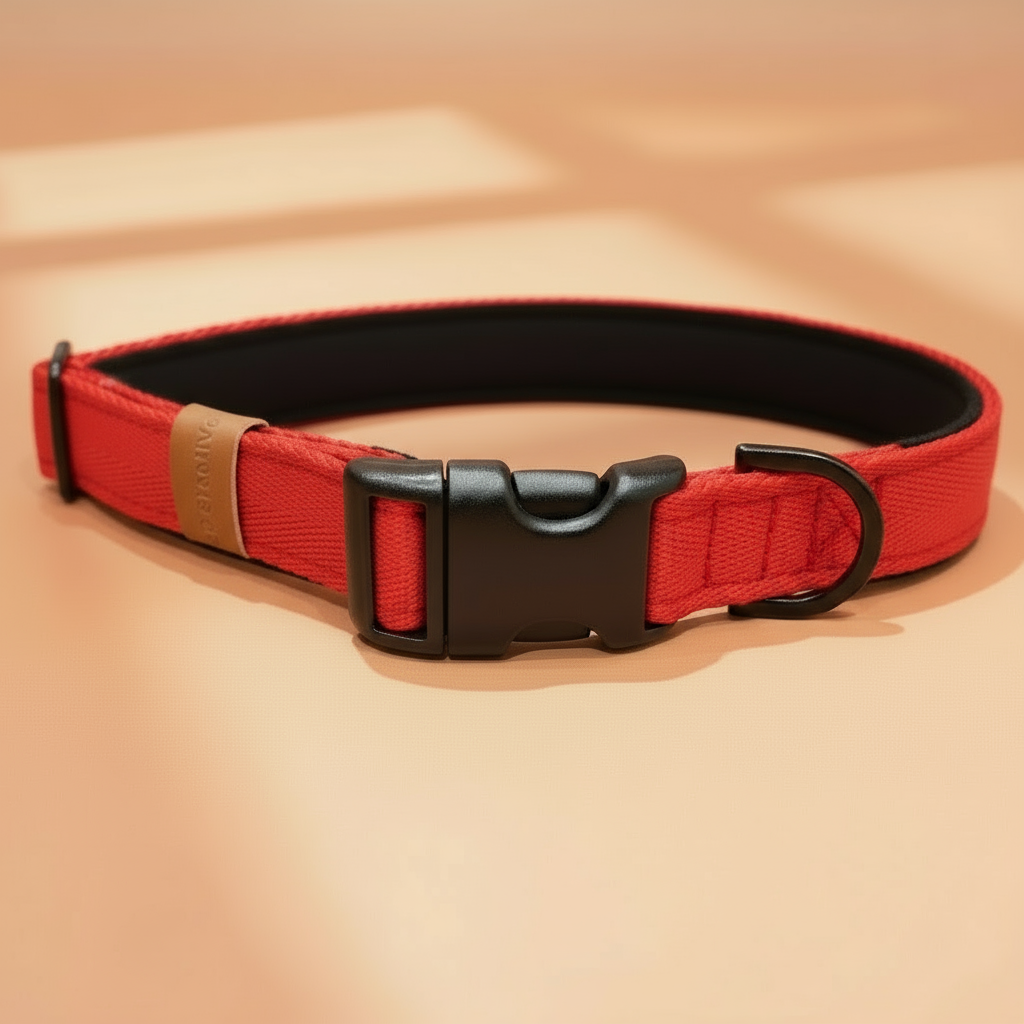 Red dog collar with a black buckle on a beige background