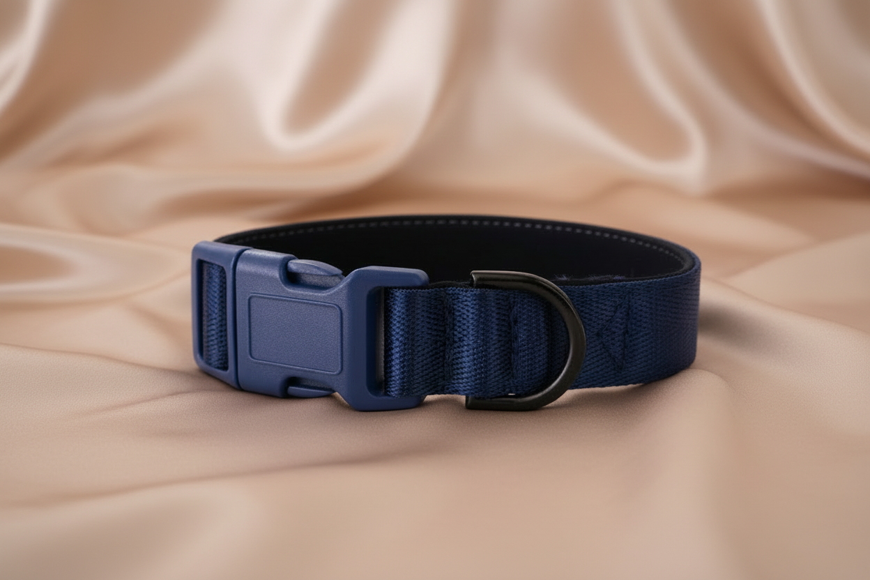 Navy Blue Personalised Dog Collar – Padded Buckle Collar with Optional Name Printing