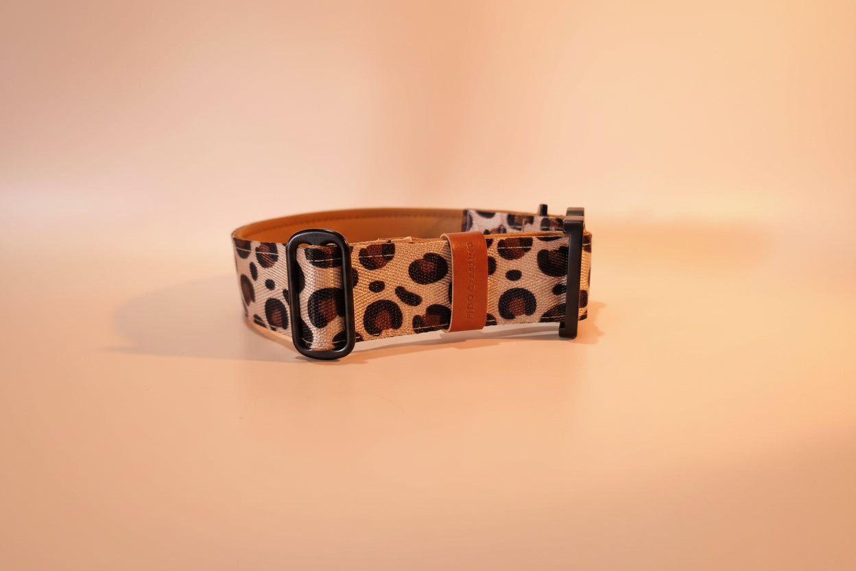 Leopard print dog collar with faux leather strap