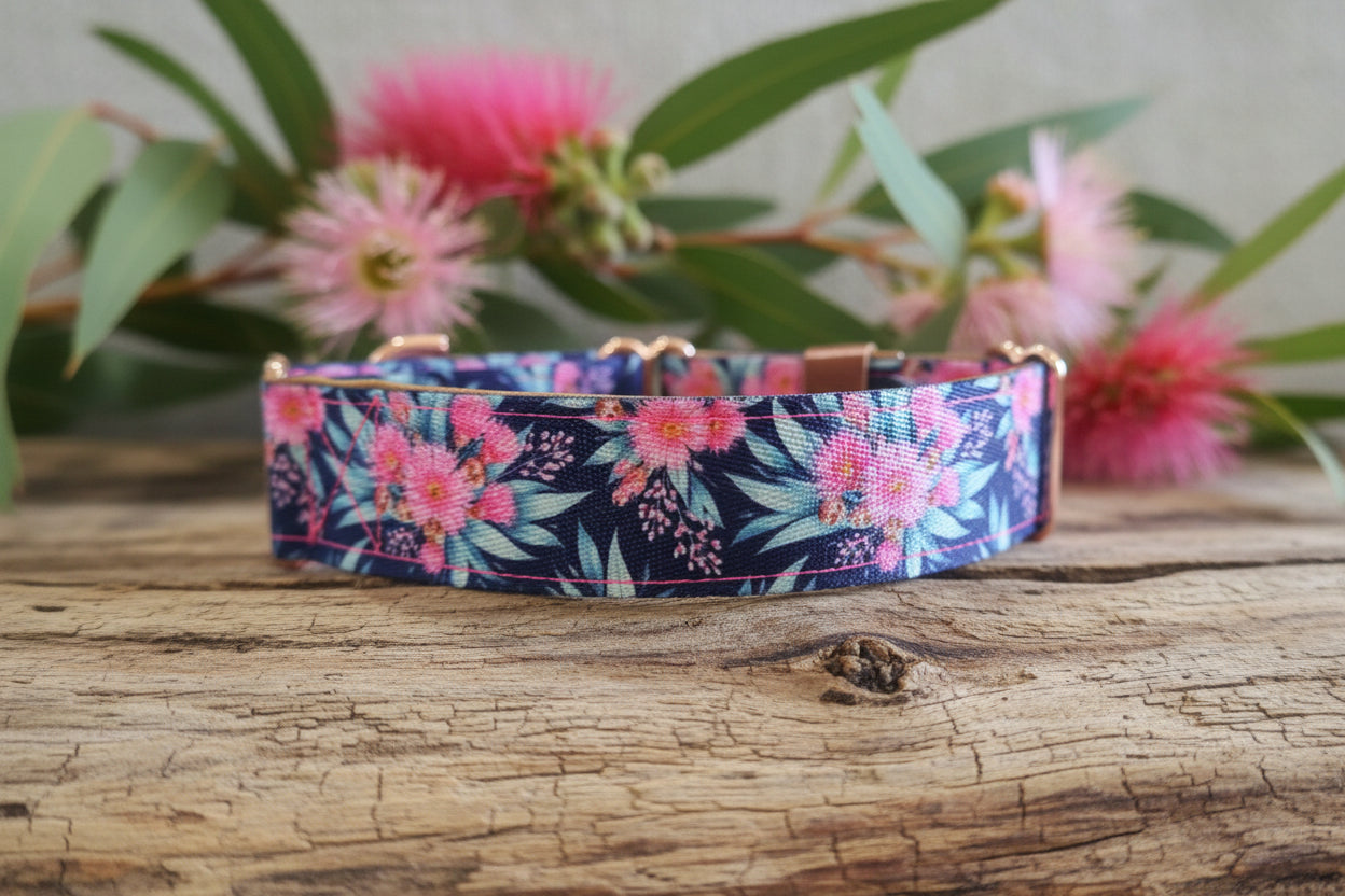 Floral-patterned dog collar on a textured surface