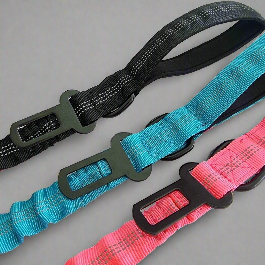Pink Bungee Dog Leash - Reflective - Seatbelt attachment