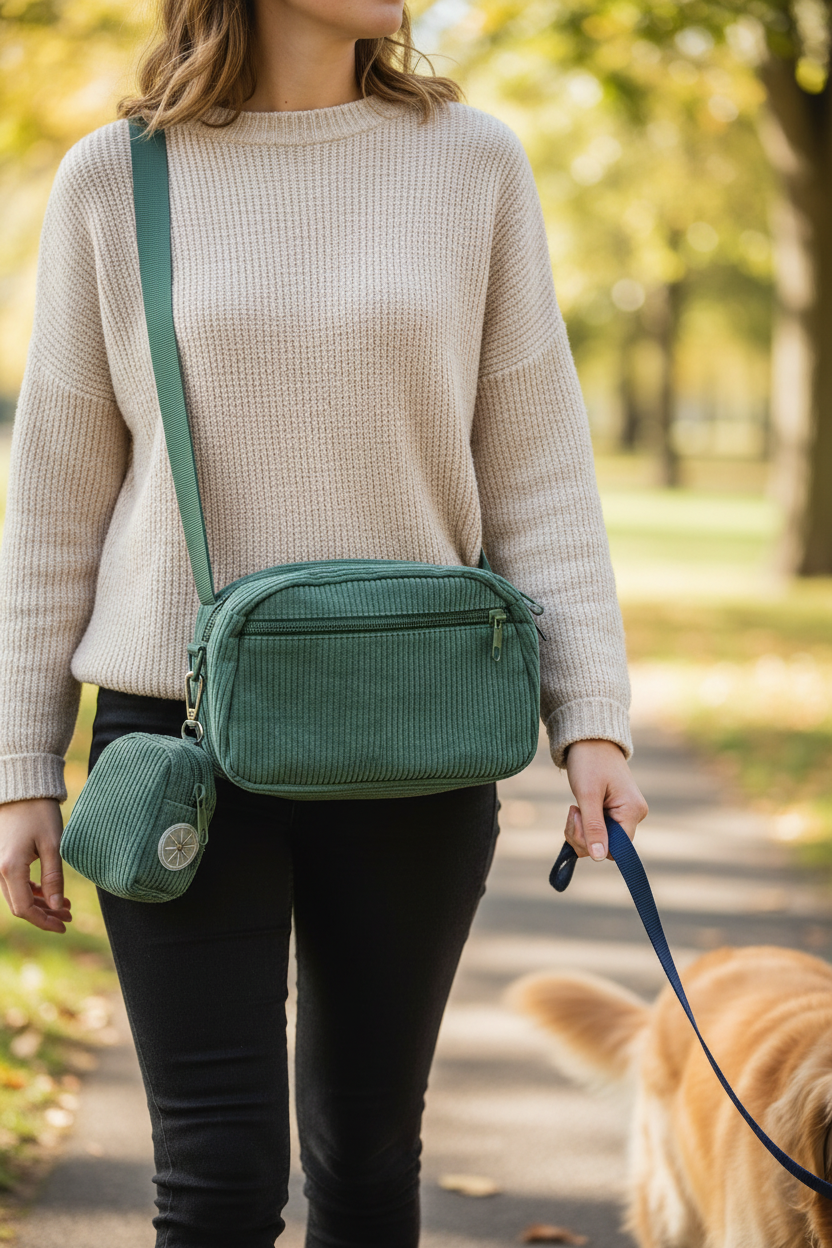 GREEN CORDUROY DOG WALKING BAG