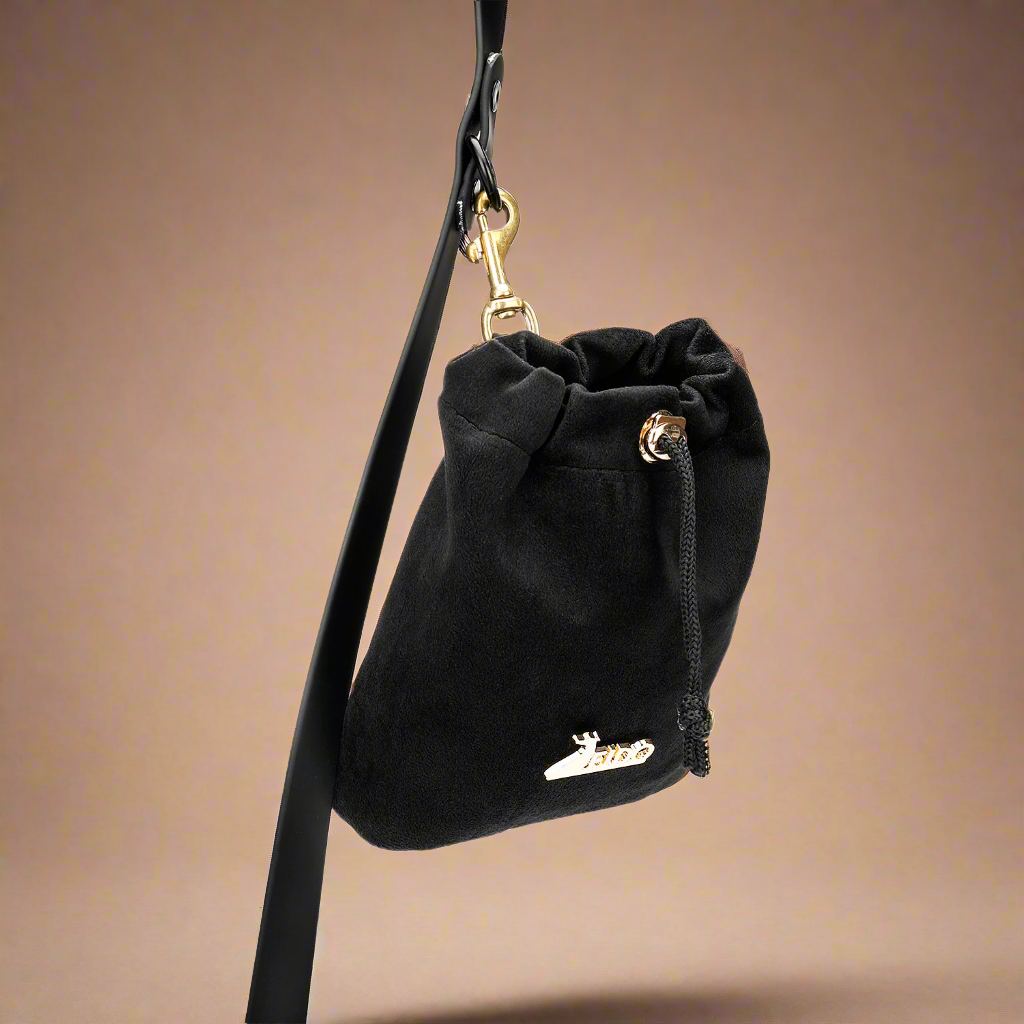 Black Velvet Dog Treat Pouch – Clip on Stylish Training Treat Bag for Walks