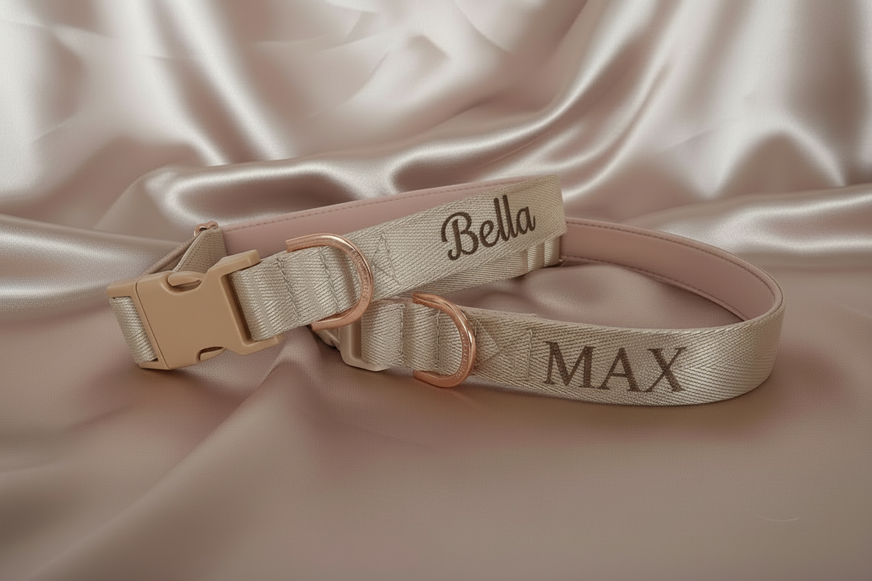 Beige Dog collars with names 'Bella' and 'Max' 