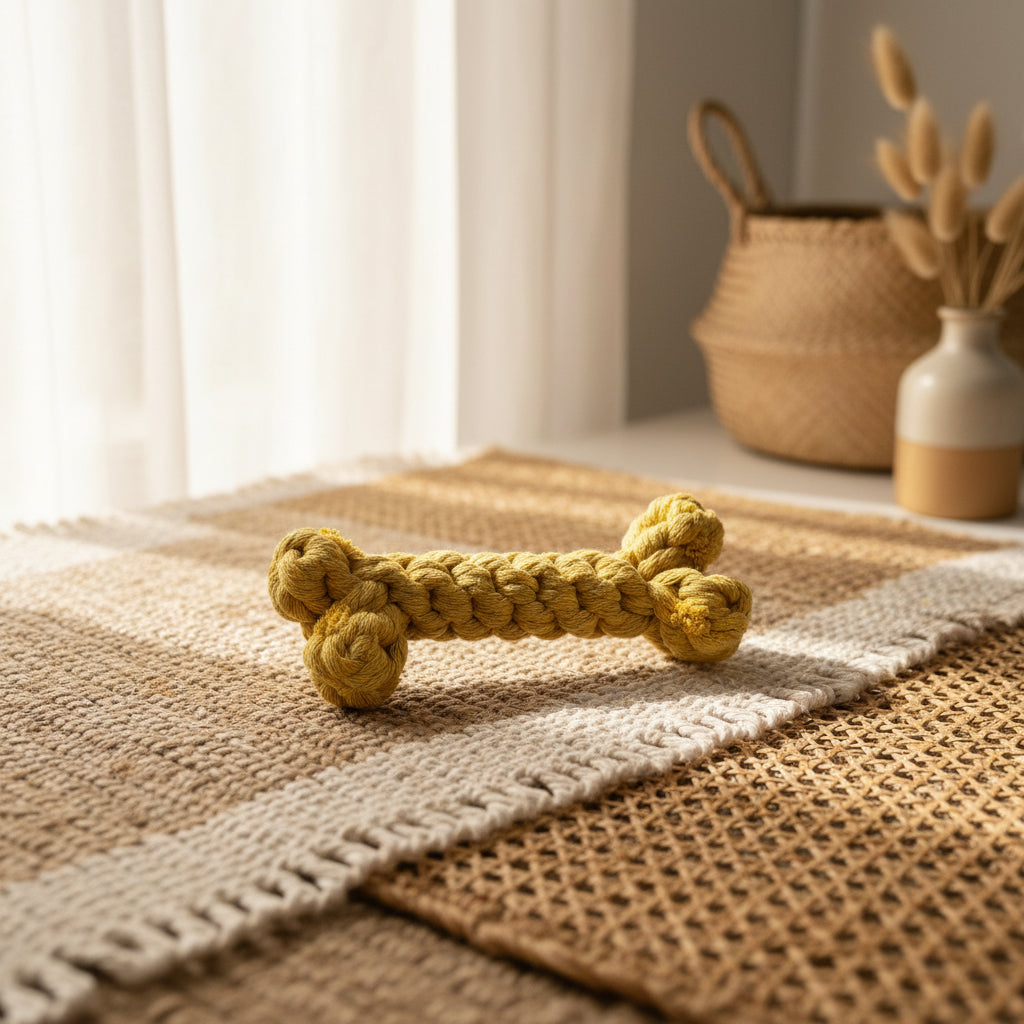 A yellow braided rope dog toy shaped like a bone