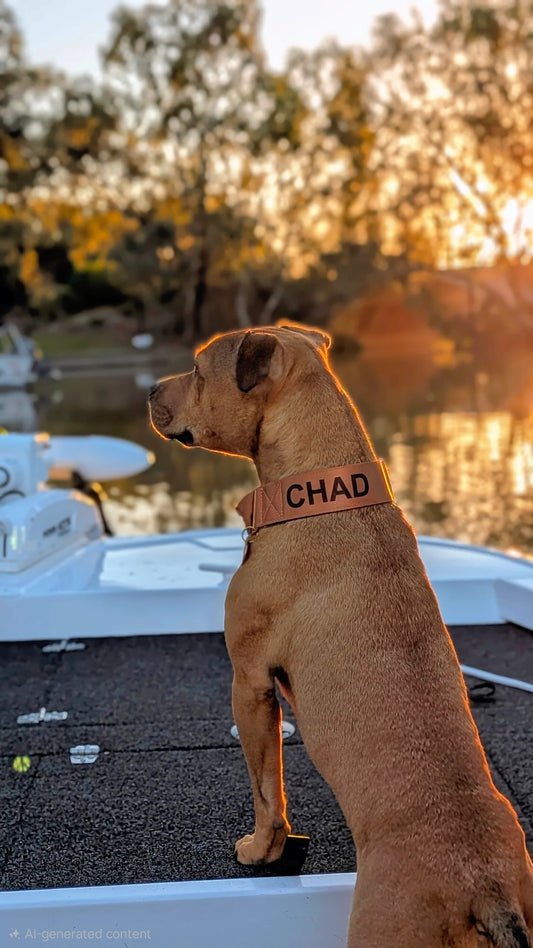 Brown dog wearing a dog collar with name on it