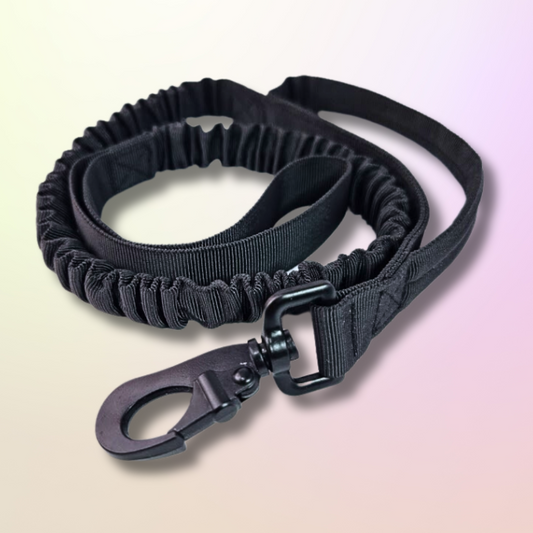Black bungee tactical stretchy dog leash - 2 handle