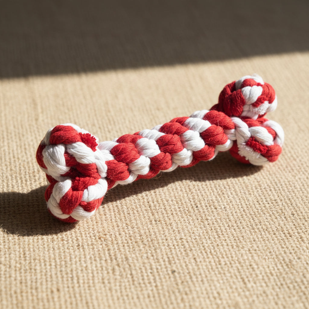 red and white rope dog bone
