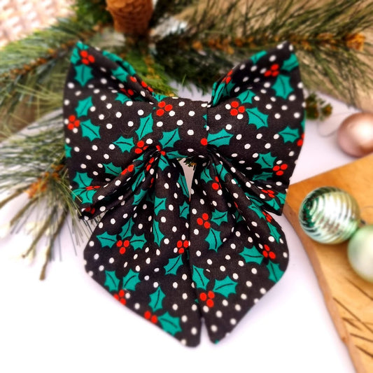 Black Christmas Holly dog bow tie