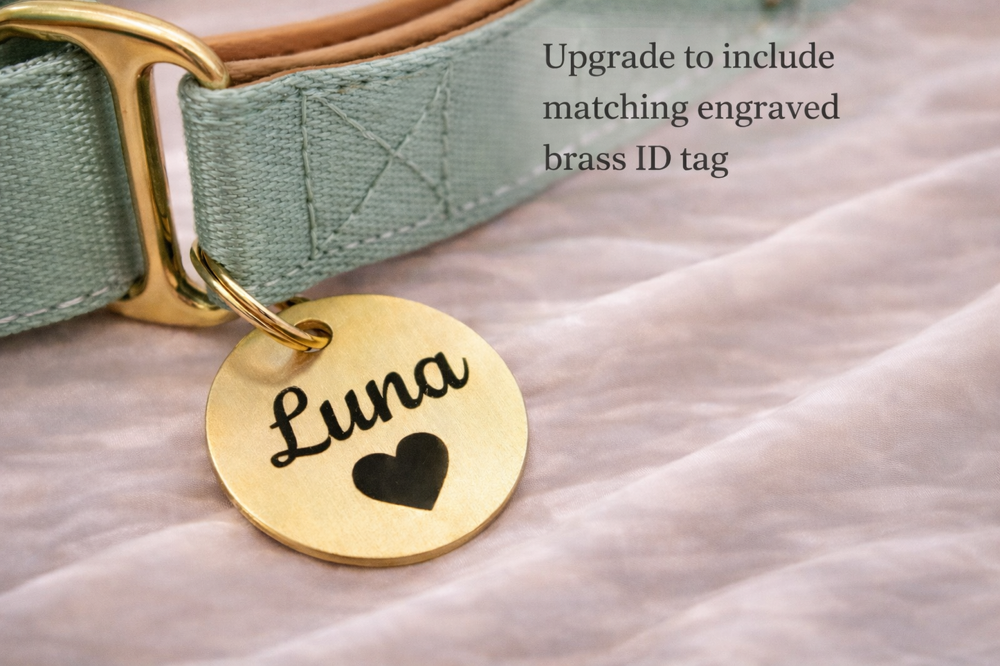 A gold-colored dog collar with a personalized name tag attached, featuring the name "Luna" and a heart symbol.