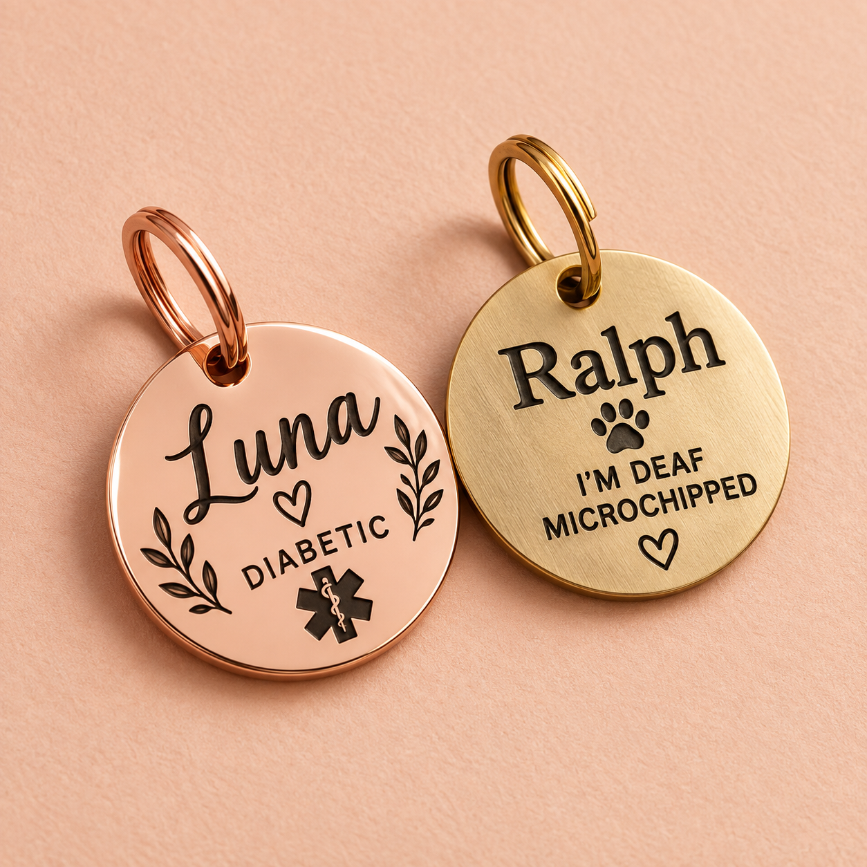 personalised deep engraved pet ID tags in shiny rose gold and natural solid brass