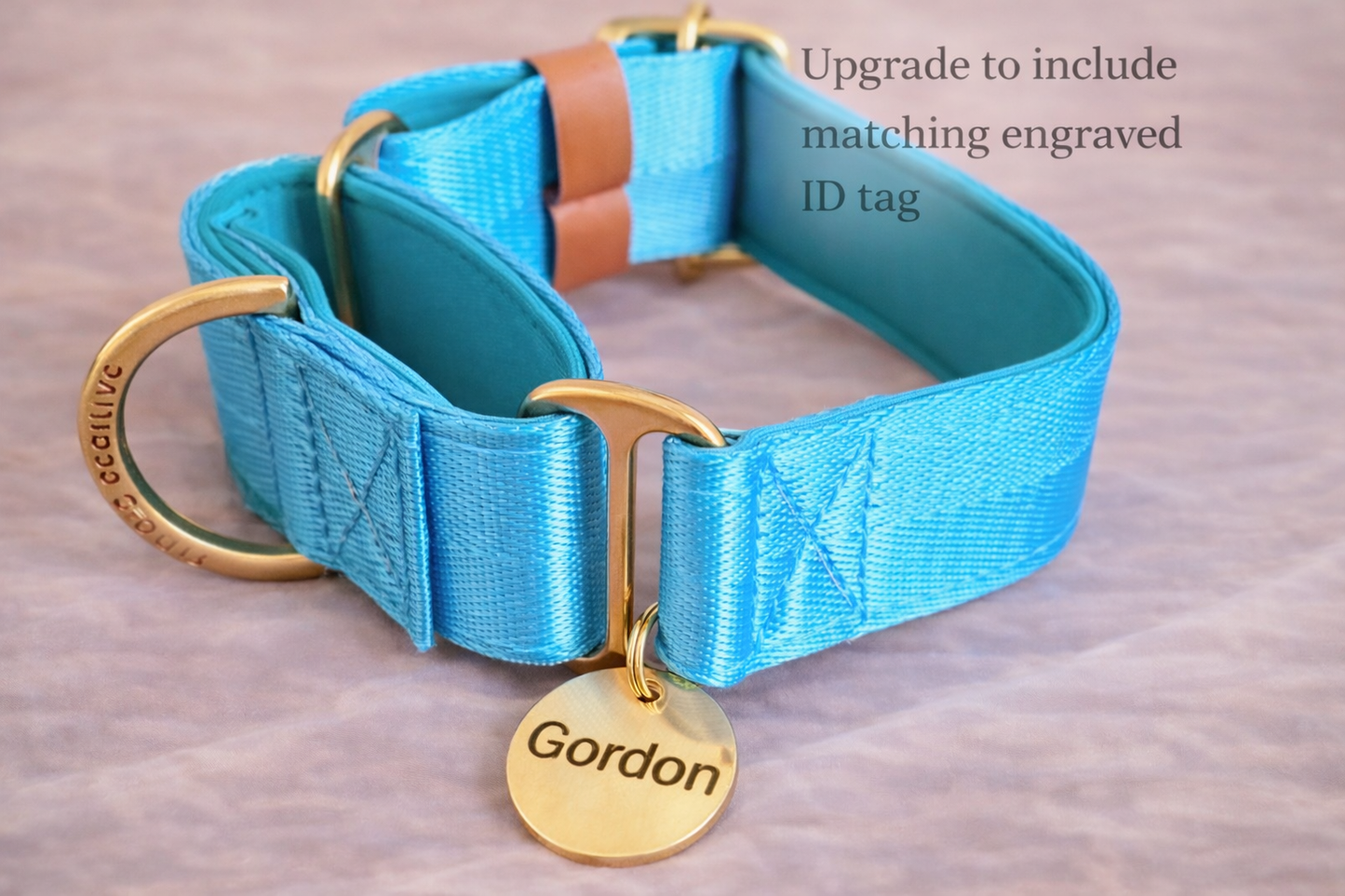 A blue dog collar with a gold-colored tag and a matching gold-colored buckle, placed on a pinkish-brown surface.