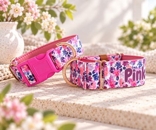 Floral Dog Collar with Neoprene Padding & Tactical Buckle – Optional personalised Name Plate