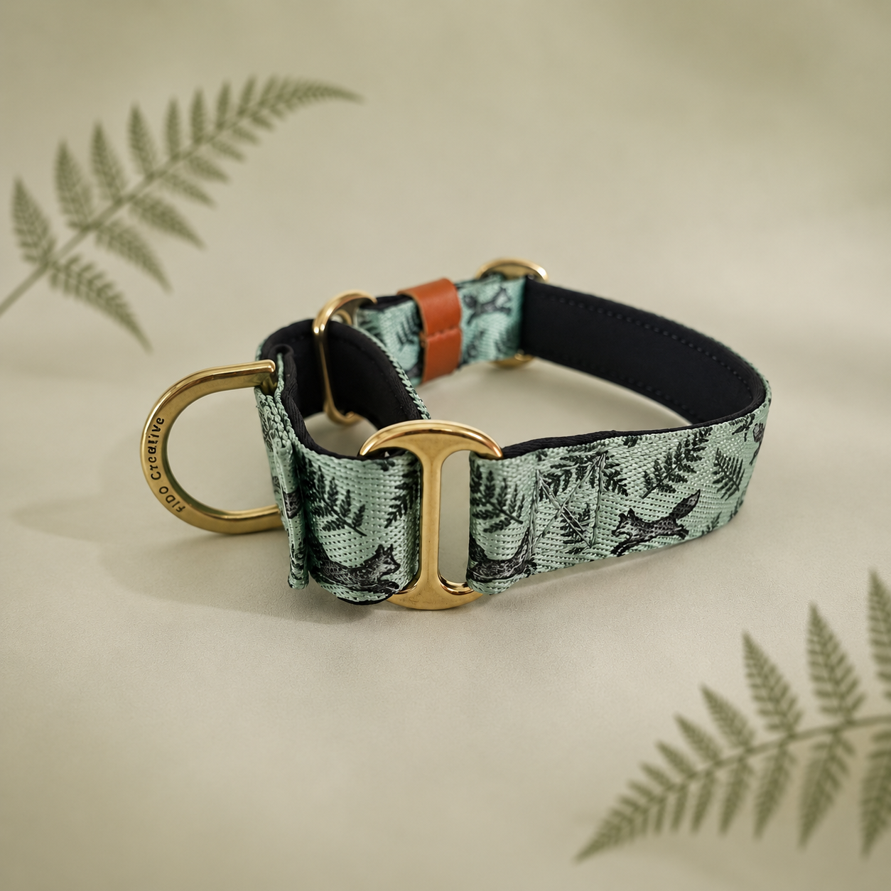 Personalised Fox & Fern Martingale Collar – Green Woodland Dog Collar