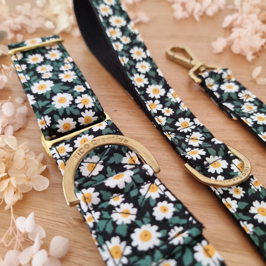 Green daisy martingale collar | Floral | Dog collar | Greyhound collar | Whippet collar | Solid brass | Rose gold | Collar | Girly | Black