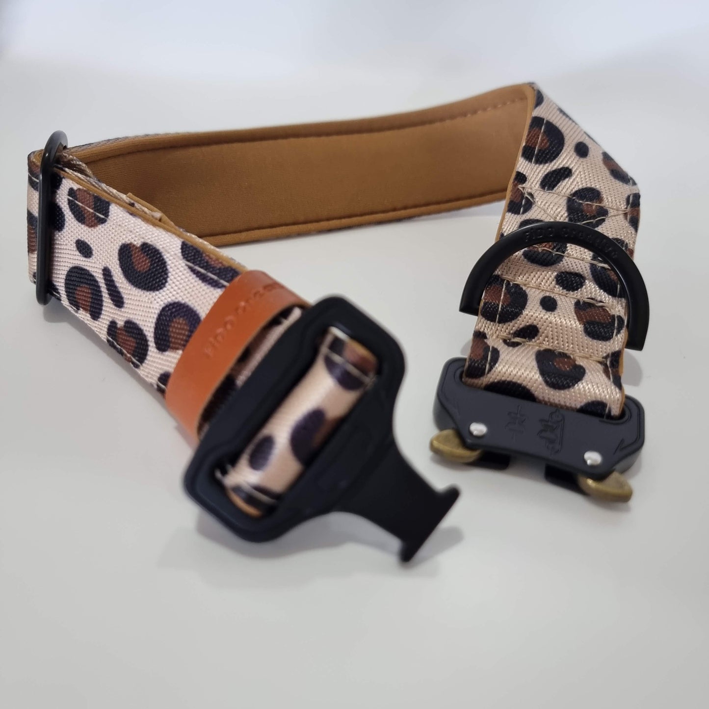 Leopard print dog collar with heavy-duty metal tactical buckle