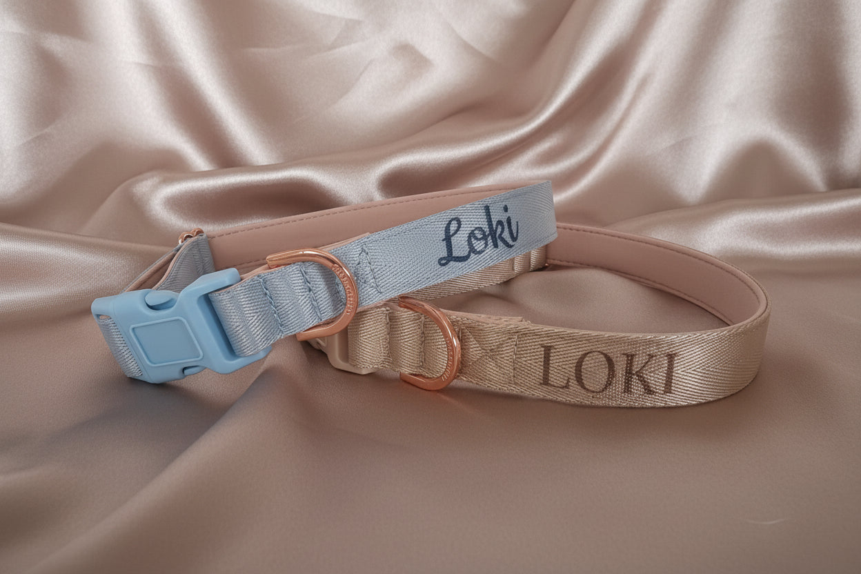 Dog collar with 'name' embroidered on it, placed on a beige fabric background