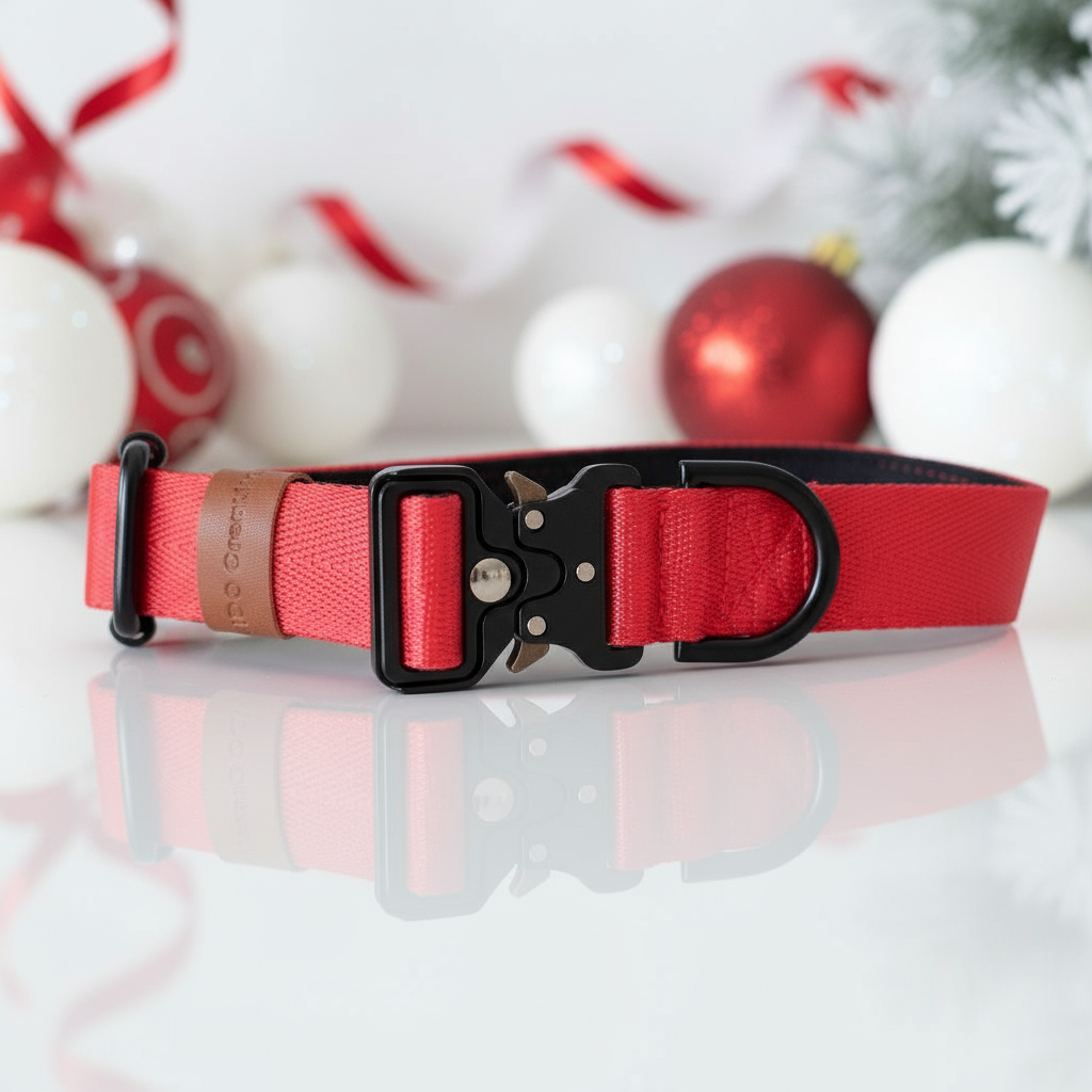 Red Dog Collar with Neoprene Padding & Tactical Buckle – Optional personalised Name