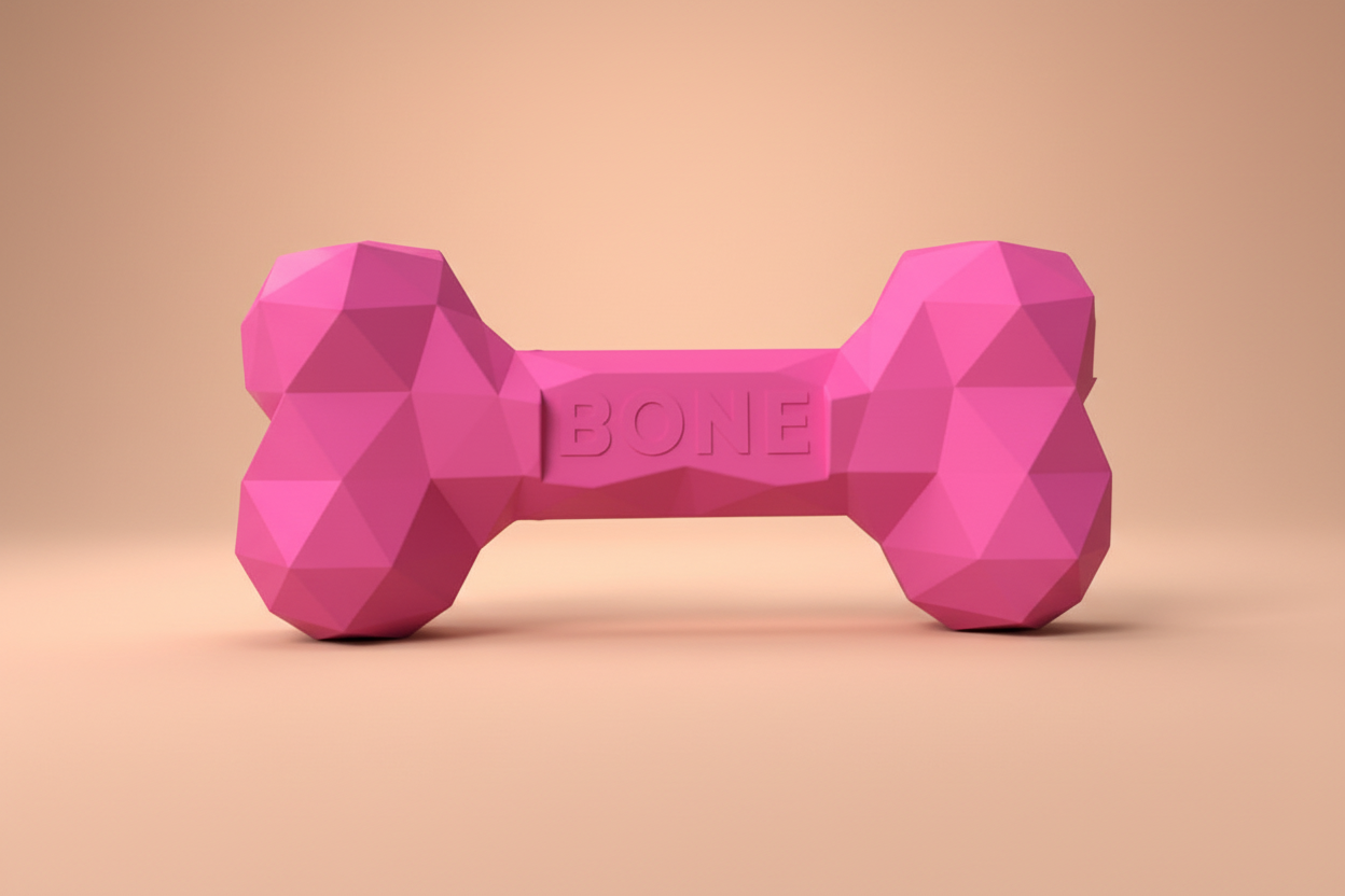 A pink low-poly bone-shaped dog toy with the word 'BONE' embossed on the center.
