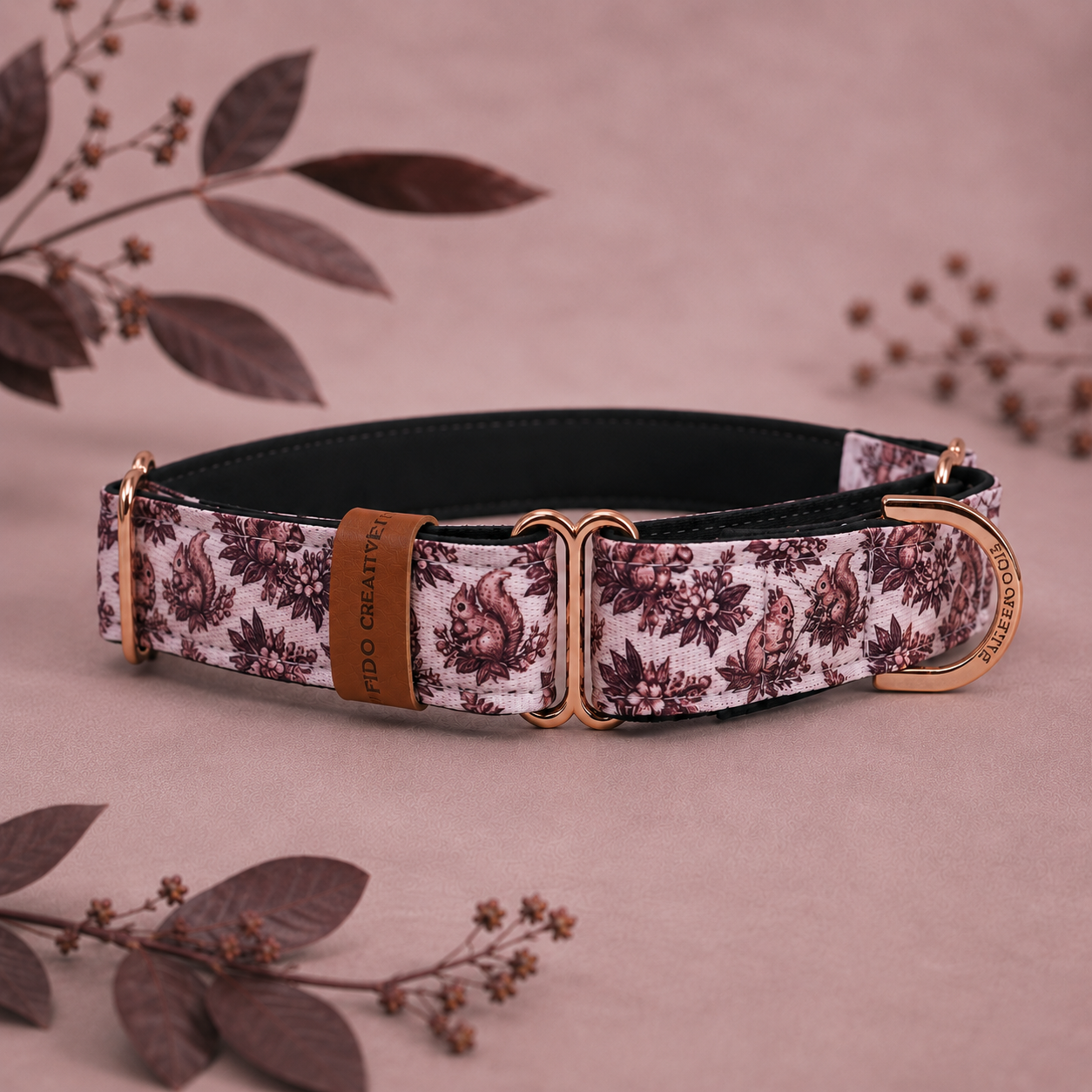 purple martingale dog collar with cute squirrel pattern 