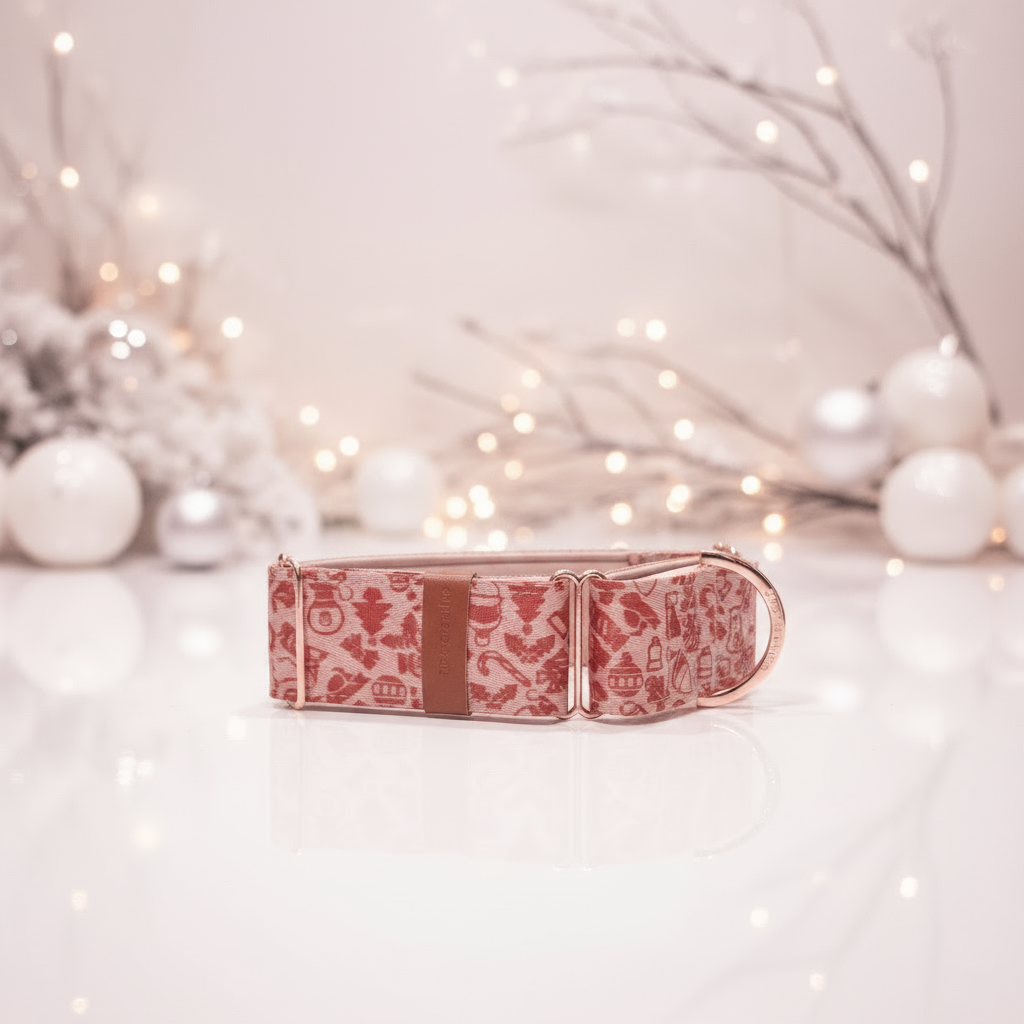 Pink and Red Geometric Christmas Martingale Dog Collar – Padded with rose gold hardware