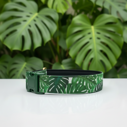 Monstera Leaf Dog Collar with Neoprene Padding & Tactical Buckle – Optional personalised Name
