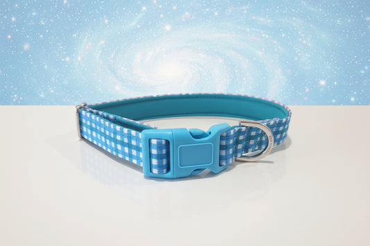 Blue and teal Gingham Dog Collar – Choose your buckle style
