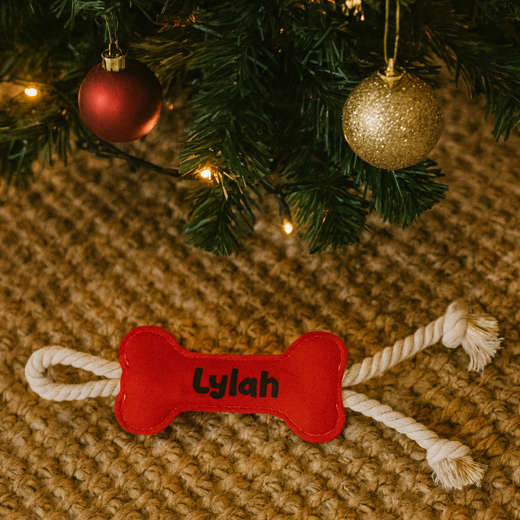 Personalised Felt Dog Toy | Red Bone Tug Rope Toy for Dogs | Custom Dog Gift