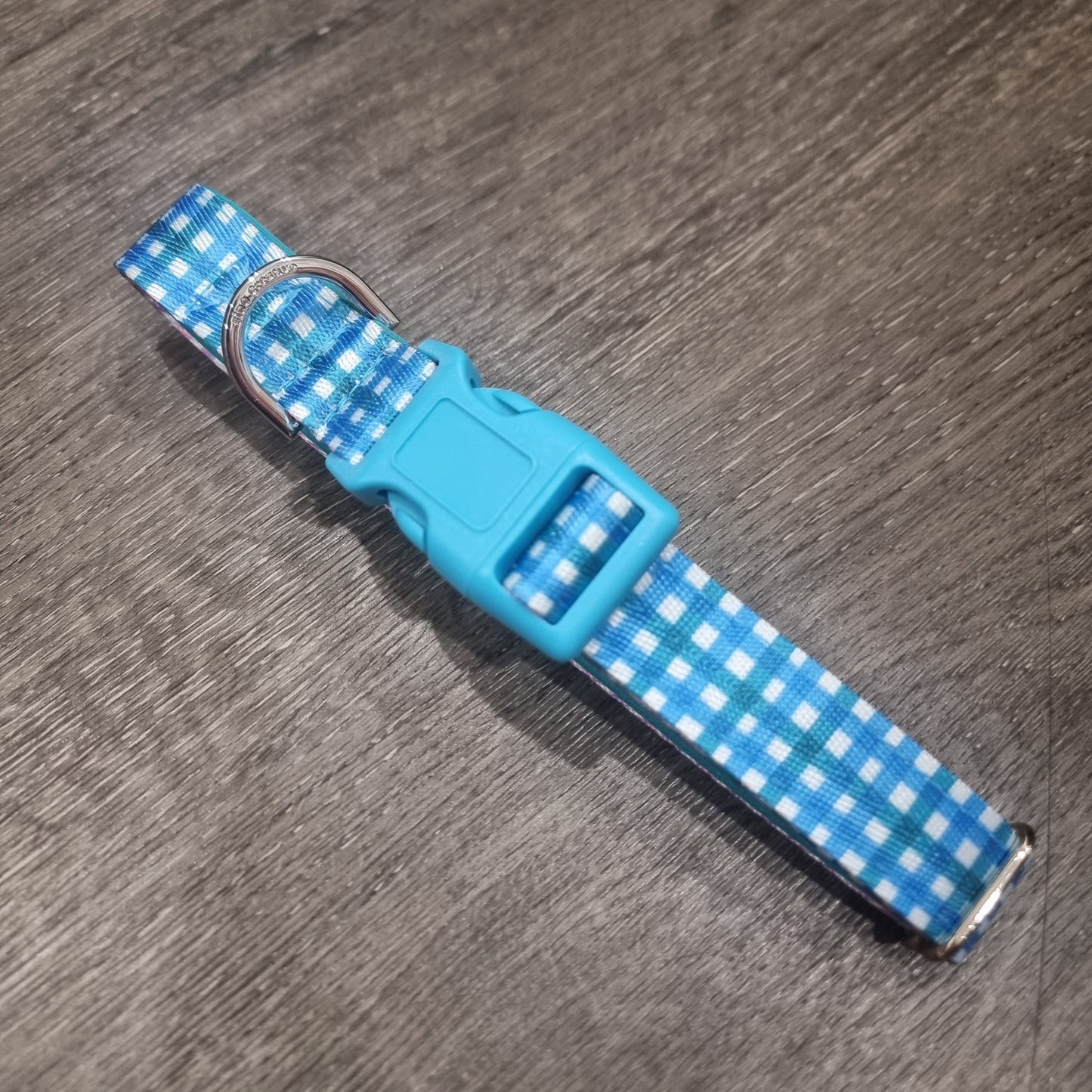 Blue and teal Gingham Dog Collar – Choose your buckle style